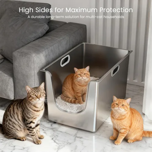 Miniatura 4 de Caja de arena de acero inoxidable con lados altos de 11.8 pulgadas, caja de arena de metal XL para gatos con entrada baja curva, bandeja de arena