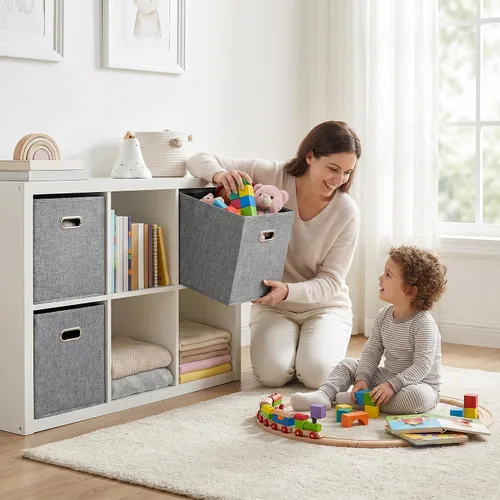 Miniatura 7 de Cubos de almacenamiento de tela gris de 12 x 12 pulgadas, paquete de 4 cubos organizadores plegables con aspecto de lino con asas, cestas plegables