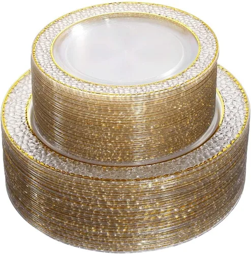 Nervure 102 platos de plástico dorado – Los platos desechables de fiesta dorados transparentes incluyen 51 platos llanos de 10.25 pulgadas y 51
