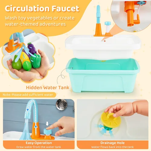 Miniatura 3 de HONEY JOY Cocina de barro, cocina de madera de cedro para niños pequeños, grifo real con agua corriente, fregadero, accesorios de cocina, pizarra