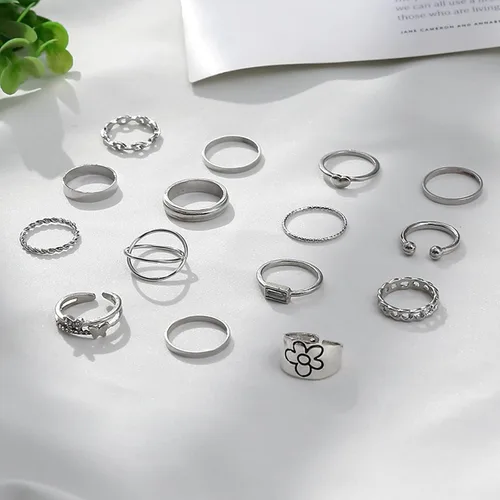 Miniatura 7 de Juego de 15 anillos bohemios para mujer, anillos de cristal con gemas, conjuntos de anillos de nudo para adolescentes, fiestas, anillos de joyería