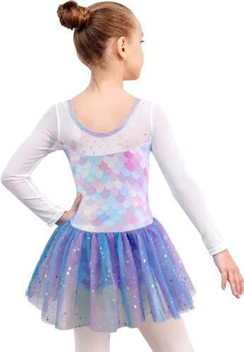 Miniatura 138 de EQSJIU Leotardo de baile de manga larga para niñas, vestido de ballet brillante con copo de nieve, tutú con falda tutú para niñas