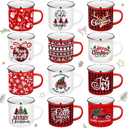 Miniatura 8 de Juego de 12 tazas de café de Navidad, tazas de esmalte blanco y rojo de 12 oz, tazas novedosas divertidas para las fiestas, para mujeres, hombres