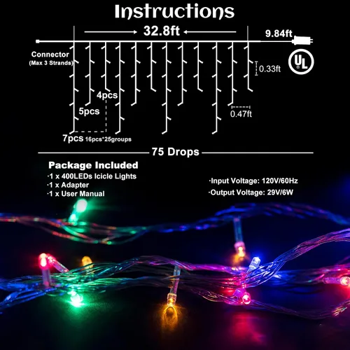 Miniatura 7 de Luces de carámbano, luces de Navidad de 33 pies con 400 LED, 75 caídas, 8 modos, enchufable e impermeable, para festividades, boda, fiesta, hogar