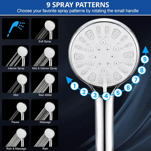 Miniatura 2 de Cabezal de ducha de mano de alta presión de 10 pulgadas con brazo de extensión de 11 pulgadas, 9 ajustes ajustables antifugas con soporte/manguera