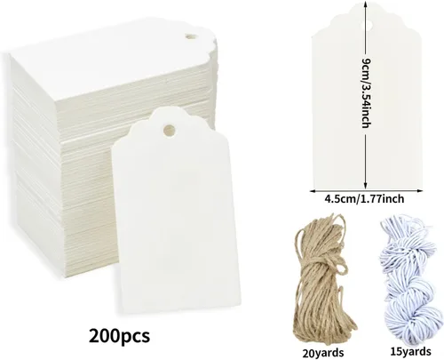 Miniatura 2 de Etiquetas de precio blancas con cuerda, etiquetas de regalo, 200 etiquetas colgantes de 3.5 x 1.8 pulgadas, etiquetas de papel en blanco