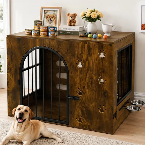 Mueble de jaula para perros pequeños y medianos, perrera de metal de madera resistente para interiores con cuencos, jaula decorativa para mascotas,