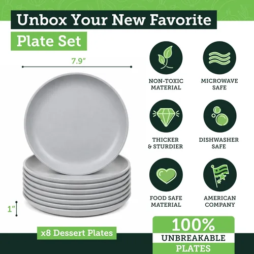 Miniatura 3 de Grow Forward Platos de postre de paja de trigo prémium – Juego de 8 platos de plástico duro reutilizables de 8 pulgadas – Platos irrompibles aptos