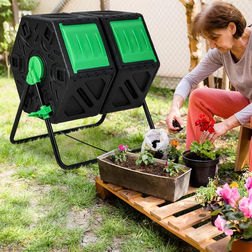 Miniatura 9 de Goplus Contenedor de compostaje, vaso de compostaje de doble cámara de 34.5 galones con 2 cámaras giratorias, puertas corredizas, compostador