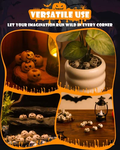 Miniatura 7 de Uniclife 20 piezas de decoraciones de calabaza de Halloween, decoración de tanque de peces de Halloween, mini calabazas espeluznantes de cara