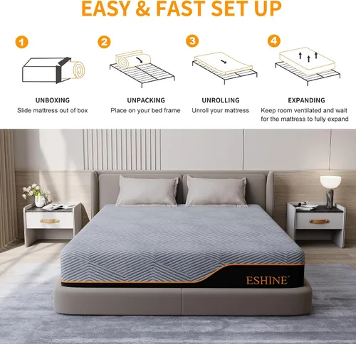 Miniatura 7 de ESHINE Colchón King de 14 pulgadas, espuma viscoelástica de gel refrescante fabricada en Estados Unidos, té verde infundido para alivio de presión