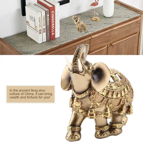Miniatura 4 de ZJchao Escultura de elefante dorado, artesanía de la suerte, estatua de elefante dorado de Feng Shui, figura de riqueza para decoración del hogar (L)