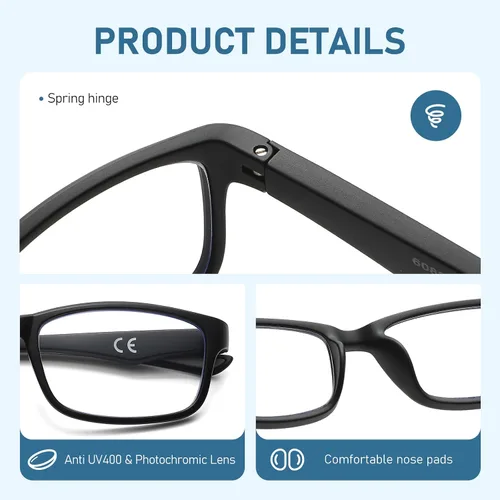 Miniatura 5 de LKEYE Gafas de Lectura Deportivas para Hombre con Lentes Fotocromáticas, Bloqueo de Luz Azul, para Computadora, Estilo Ancho, Bisagra de Resorte