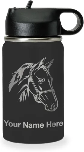 LaserGram Botella de agua con tapa abatible de doble pared de 12 onzas con pajilla, cabeza de caballo 2, grabado personalizado incluido (negro)