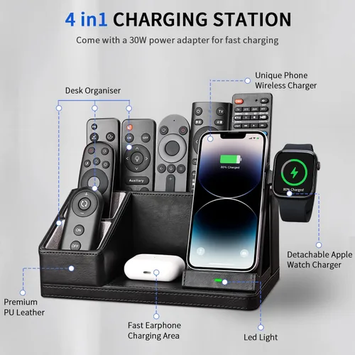 Miniatura 3 de KINGFOM Organizador de escritorio de cuero con estación de carga Multifuncional Soporte para teléfono, bolígrafos y lápices para escritorio