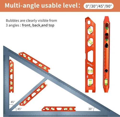Miniatura 4 de Nivel Torpedo BETHEL, Nivel Magnético de Conducto con 4 Burbujas, Ranura en V y Pista Magnética, Construcción de Aleación de Aluminio, Naranja
