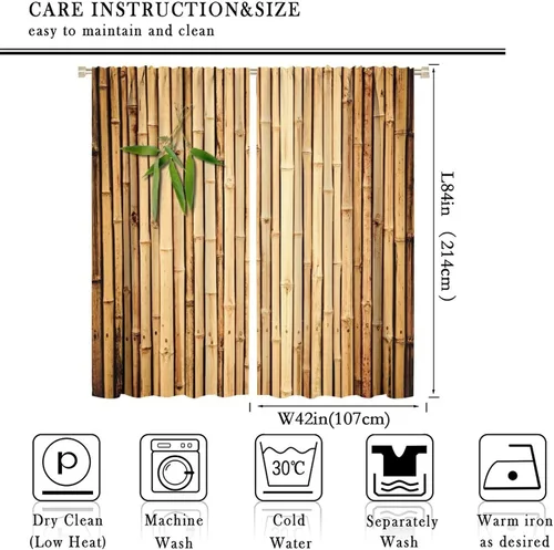 Miniatura 2 de Cortinas con estampado de bambú, tallos y hojas de bambú, temática oriental natural, oscurecimiento de habitación, ventana, ventana, cortina
