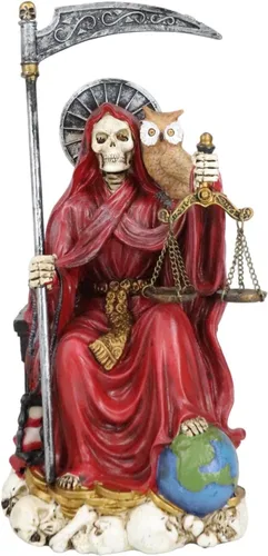 Miniatura 4 de Ebros Gift Santa Muerte Sosteniendo Guadaña Reloj de arena y escalas de justicia con búho sabio sentado en el trono Estatuilla Hueso de la Muerte