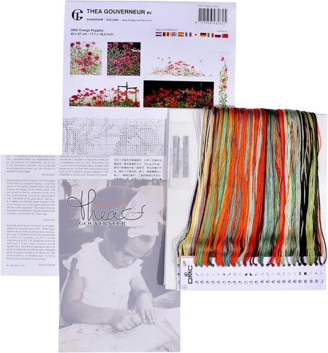 Miniatura 3 de Thea Gouverneur - Kit de punto de cruz, amapolas naranjas, Aida, 16 unidades, kit de bordado para adultos, hilos de bordado DMC y otros suministros