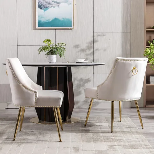 Miniatura 2 de KCC Juego de 2 sillas de comedor de terciopelo con respaldo con remaches, tira de anillo de extracción y terminación con patas doradas para cocina