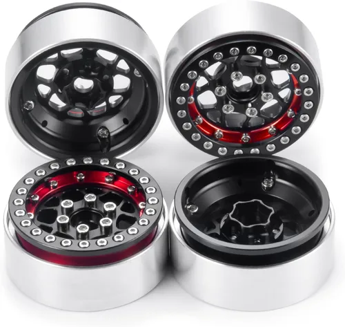 Miniatura 4 de Llantas Beadlock de 1.9 pulgadas, 4 unidades, juego de llantas de metal para 1/10 Axial Scx10 TRX-4 D90 CC01 90034 RC Crawler Car (negro y rojo)