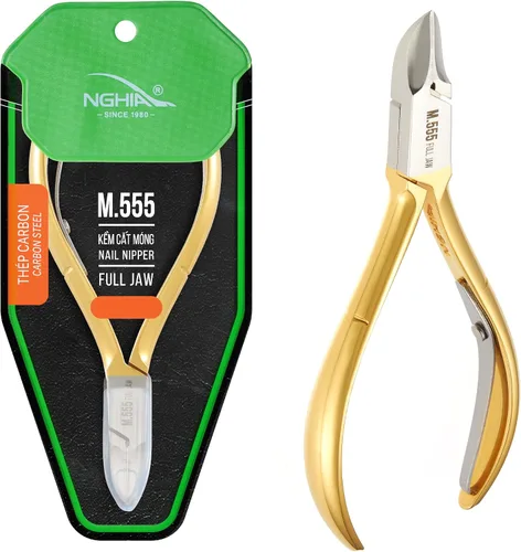 NGHIA Pinza de uñas dorada - M-555 (acero duro): pinza acrílica de precisión de 16 mandíbulas con acabado chapado en oro, mango curvo y mecanismo de