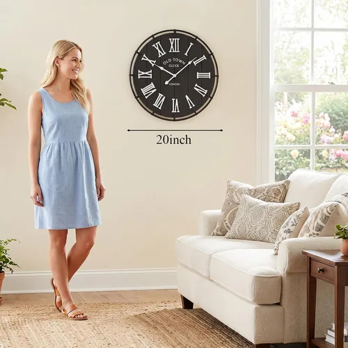Miniatura 3 de EMAX HOME Reloj de pared grande de granja de 20 pulgadas, cara de grano de madera envejecida negra rústica con números romanos blancos, movimiento