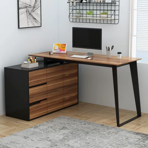 Miniatura 11 de Homsee Escritorio de esquina para computadora de oficina en casa con 3 cajones y 2 estantes, mesa de estudio grande en forma de L de 55 pulgadas
