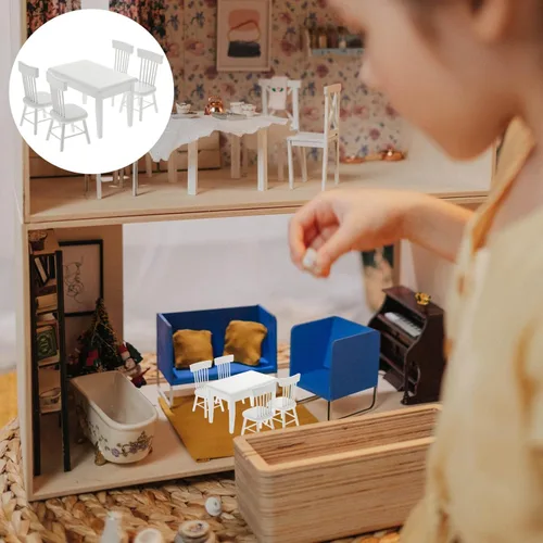 Miniatura 2 de Beaupretty Muebles de casa de muñecas Mesa y sillas de madera en miniatura para casa de muñecas Mini accesorios de comedor (blanco)