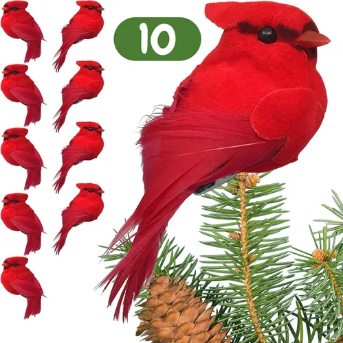 Miniatura 4 de BANBERRY DESIGNS Adornos de Navidad cardenales con clip, decoraciones de cardenal Hoiiday con clips plateados, cuerpos flocados rojos con alas