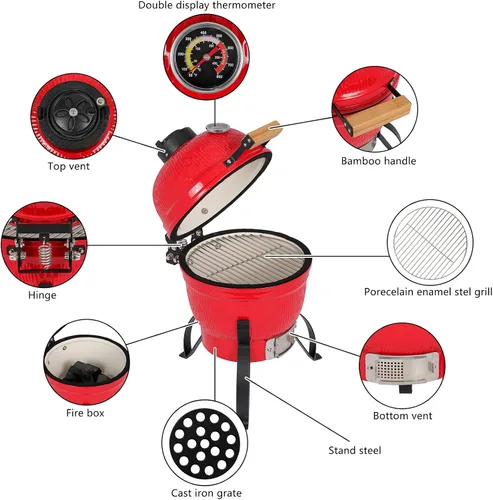 Miniatura 6 de Vasitelan Parrilla de Cerámica, Parrilla Portátil de Cerámica de Carbón de 13 pulgadas, Parrilla de Carbón Kamado BBQ (Naranja)