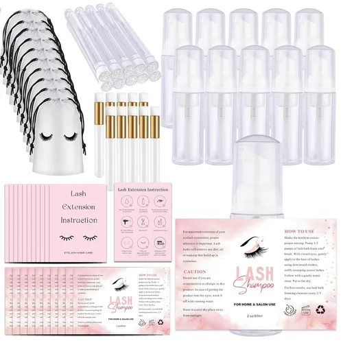 Juego de 60 botellas y cepillos de champú para pestañas, 10 dispensadores de bomba de espuma, cepillo de limpieza de pestañas, cepillo de tubo de