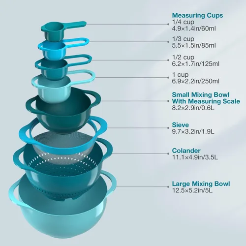 Miniatura 2 de Juego de 8 tazones de mezcla de plástico para anidar, accesorios de cocina para apartamentos que ahorran espacio, incluye tazas medidoras, colador