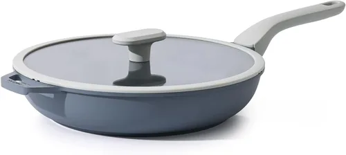 PRICUSIS - Sartén antiadherente de cerámica con tapa, de 8/10/12 pulgadas, apta para utensilios de metal, sin PFOA y PFAS, sartén resistente a Gris