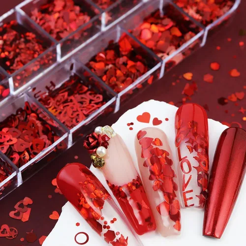 Miniatura 2 de 12 rejillas de San Valentín 3D corazón purpurina uñas lentejuelas corazón rojo purpurina copos corazones arte de uñas con purpurina brillantes