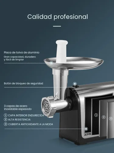 Miniatura 8 de Picadora de carne eléctrica, relleno de salchichas con 3 tubos de salchicha, 2 cuchillas, 3 placas, 3200W máx, picadora de carne de alta resistencia