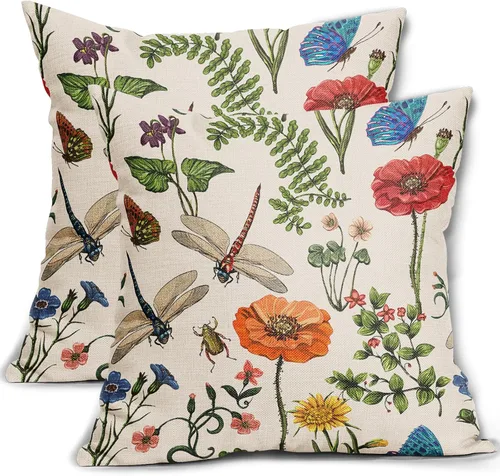 Miniatura 9 de Juego de 2 fundas de almohada de primavera de 16 x 16 pulgadas, diseño de conejo, flores rosas, hojas verdes salvia, plantas botánicas vintage