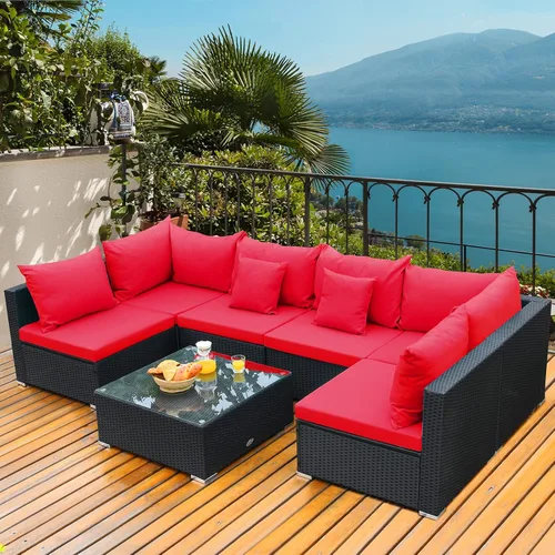 Miniatura 11 de Tangkula Patiojoy - Juego de muebles de ratán de 7 piezas, juego de conversación al aire libre con cojines y mesa de centro de vidrio templado