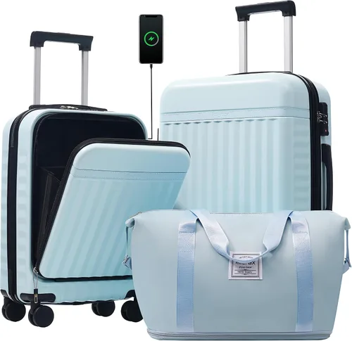 Miniatura 344 de Merax Juegos de equipaje de mano en maleta aprobada por aerolíneas, estuche rígido con ruedas giratorias expandibles, Negro