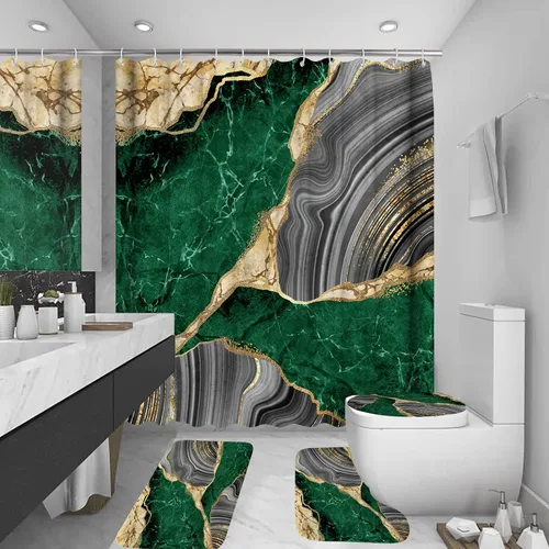 Miniatura 11 de Juego de 4 cortinas de ducha con diseño de mármol, juego de decoración de baño, lujo con 12 ganchos, tapete de baño, tapete para tapa de inodoro