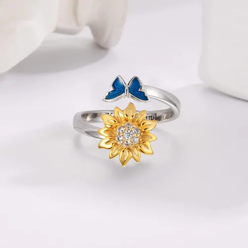 Miniatura 6 de oGoodsunj Anillo antiansiedad de plata esterlina 925 para mujer girasol abeja mariquita mariposa giratorio anillos tranquilos regalos de joyería