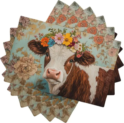 Miniatura 9 de Juego de 6 manteles individuales de vaca de granja, lavables, diseño floral de vaca de primavera, resistentes al calor, de algodón, lino, para mesa