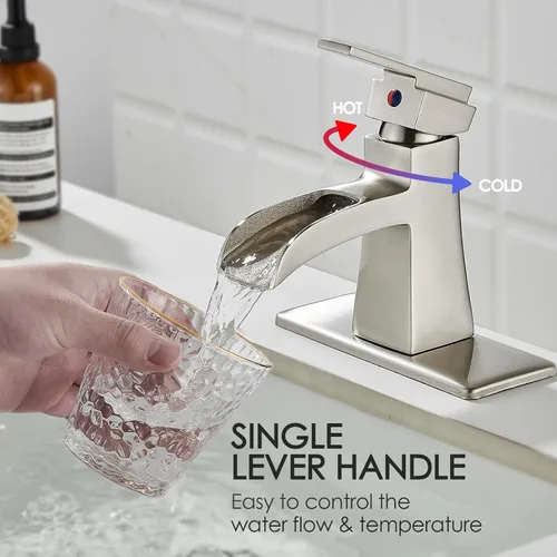 Miniatura 3 de Grifo de baño de cascada de níquel cepillado, grifo de lavabo de baño de una sola manija con desagüe pop-up y placa de cubierta para 1 o 3 orificios