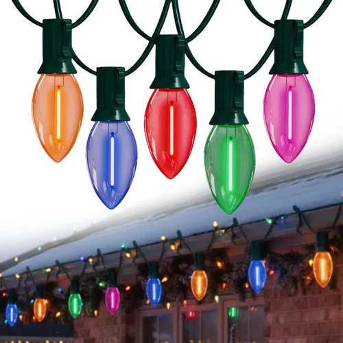 Miniatura 12 de Luces LED de Navidad rojas, verdes y blancas, 25 pies, impermeables, C9, multicolor, luces de Navidad al aire libre con 26 bombillas inastillables
