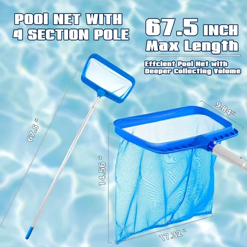 Miniatura 2 de Skimmer de Piscina - Red de Piscina con Poste, 4 Secciones, Poste Telescópico Ajustable de 26.4" a 66.5" de Largo y Red Skimmer de Piscina de Malla