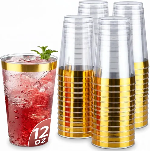 Miniatura 16 de Byvivace Vasos de plástico transparente de 12 onzas con borde dorado, resistentes y aptos para alimentos, desechables, copas de vino, copas de boda