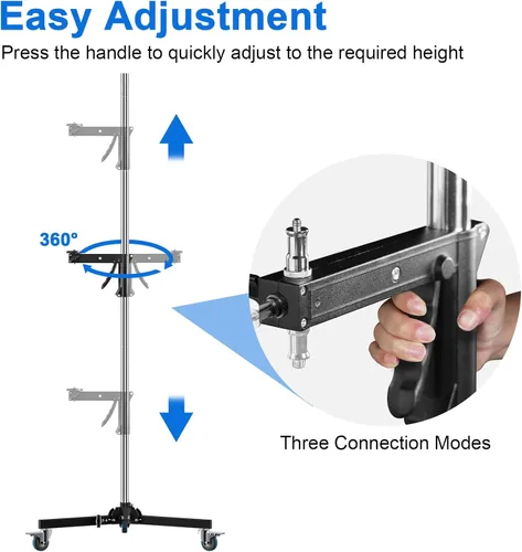 Miniatura 3 de Selens Soporte de luz resistente de 98.4"/250cm con 2 empuñaduras de pistola, postes desmontables, ruedas giratorias de 360°, adaptador de tornillo