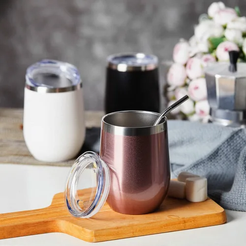 Miniatura 6 de COMOOO Vaso de vino de acero inoxidable con tapa y pajita, 12 onzas, doble pared aislada al vacío, vaso de viaje para café, vino, cócteles, champán