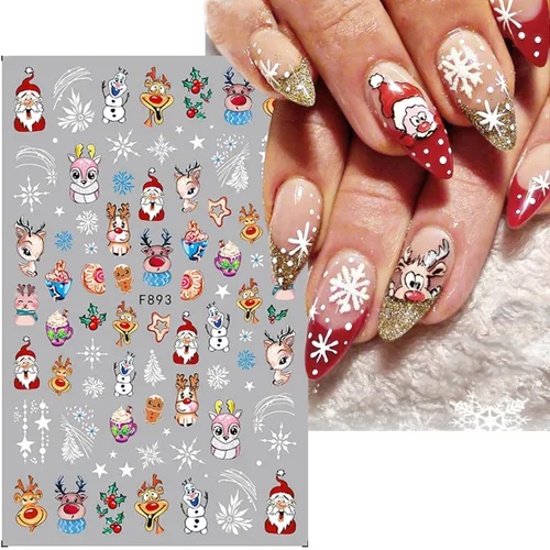Miniatura 2 de 8 hojas de calcomanías de uñas de Navidad 3D, calcomanías de uñas de Navidad de invierno, dibujos animados, alce, copo de nieve, Papá Noel, muñeco