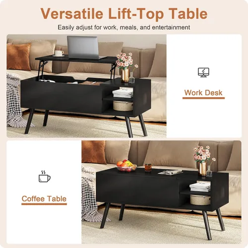 Miniatura 6 de Aline Furniture - Mesa de centro negra con superficie que se levanta y compartimento de almacenamiento oculto, patas de madera maciza y estantes